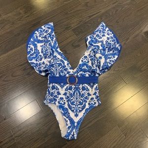 Patterned bathing suit/bodysuit with belt - worn once!